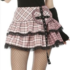 ❌SOLD❌NWT Dark In Love Two Tone Pink Plaid Tiered Skirt w/Lace Trim XL